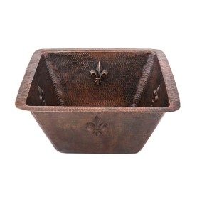 15" Square Fleur De Lis Copper Bar/Prep Sink w/ 3.5" Drain Opening