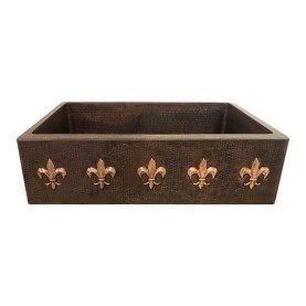 Custom 33" Hammered Copper Single Basin Apron Front Kitchen Sink with Polished Fleur De Lis Design